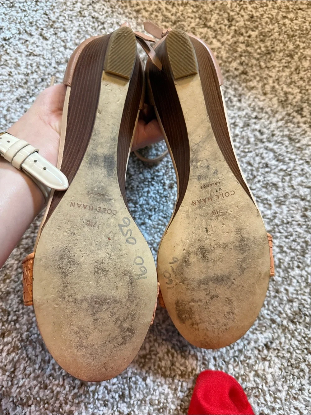 Cole Haan Tan and Peach Woven Leather Wedge Sandals 7.5